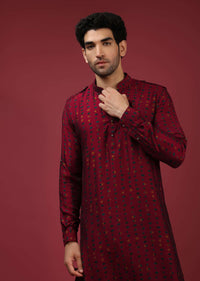 Maroon Nehru Jacket With Block Printed Floral Buttis And Geometric Printed Kurta Set