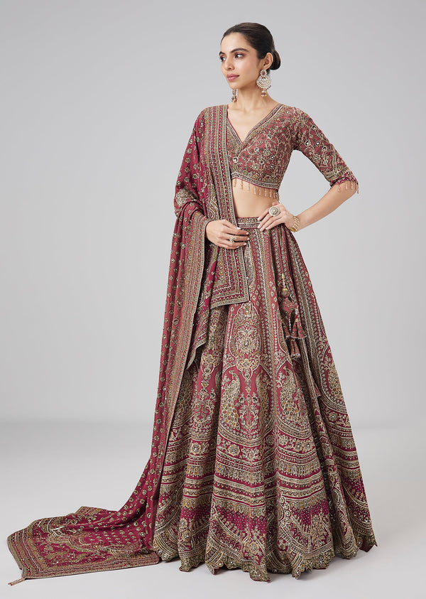 Maroon Printed Zari Embellished Lehenga Set With Dupatta