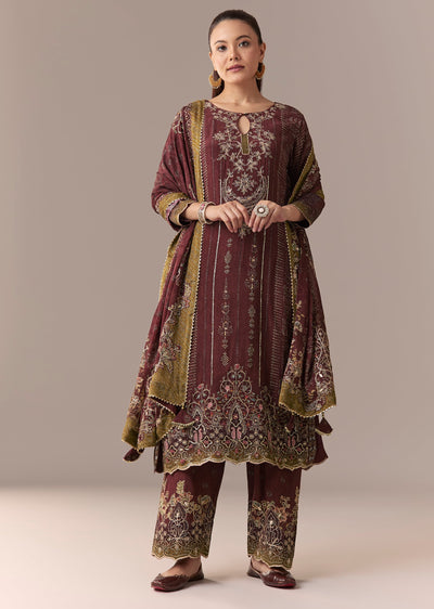Maroon Printed Zari Kurta Set With Pant And Dupatta