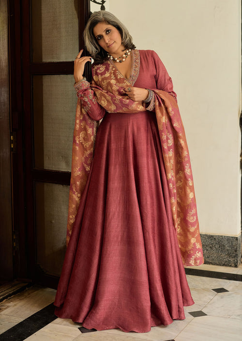 raw silk dresses with ikkat dupattas Luxury Raw Silk Anarkali Set With Dupatta