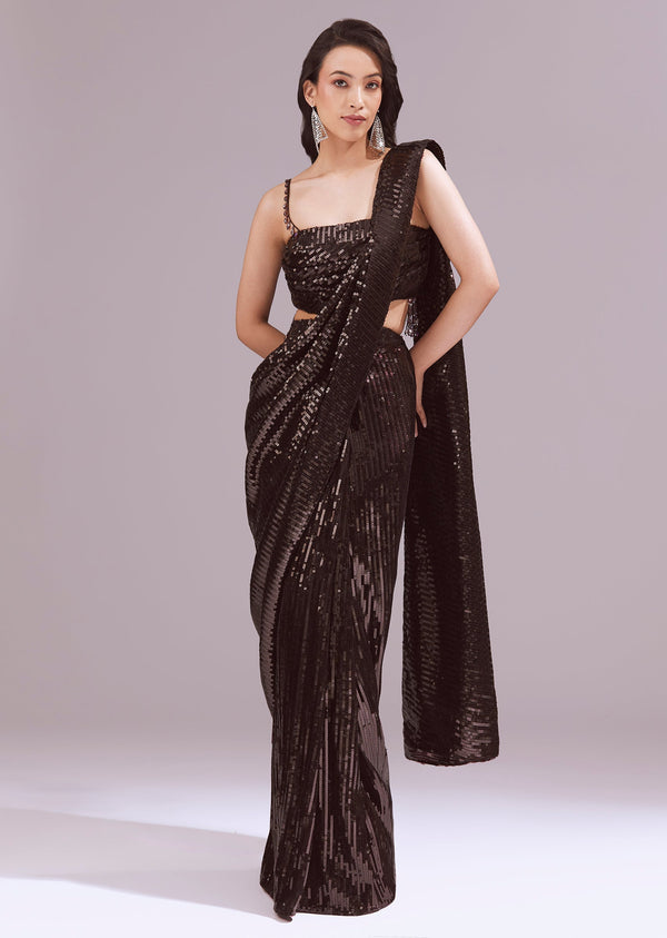 Maroon Ready Pleated Sequined Saree With Fancy Blouse