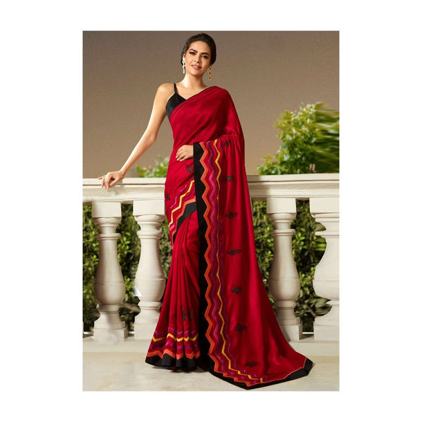 Maroon saree in chevron motif resham embroidery Online - Kalki Fashion