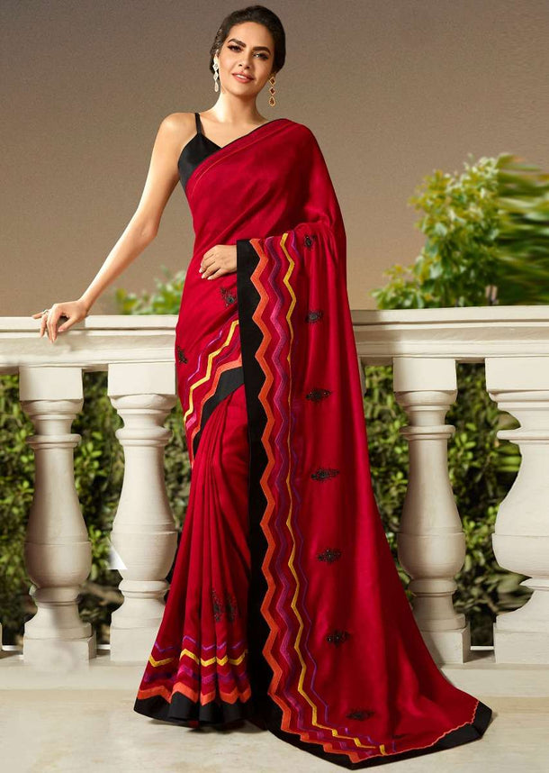 Maroon saree in chevron motif resham embroidery Online - Kalki Fashion