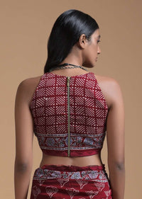 Maroon Saree In Cotton With Batik Printed Buttis And Applique Work On The Pallu Online - Kalki Fashion