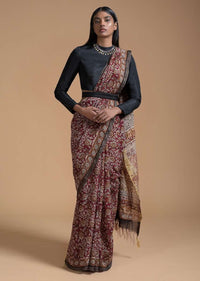 Maroon Saree In Cotton With Batik Printed Floral Jaal Design Online - Kalki Fashion