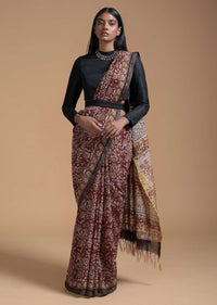 Maroon Saree In Cotton With Batik Printed Floral Jaal Design Online - Kalki Fashion