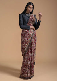 Maroon Saree In Cotton With Batik Printed Floral Jaal Design Online - Kalki Fashion