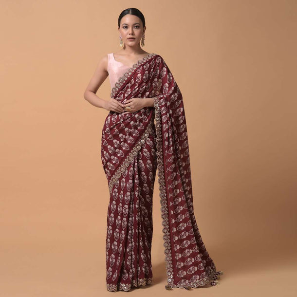 Maroon Saree With Floral Printed Buttis And Gotta Embroidered Border