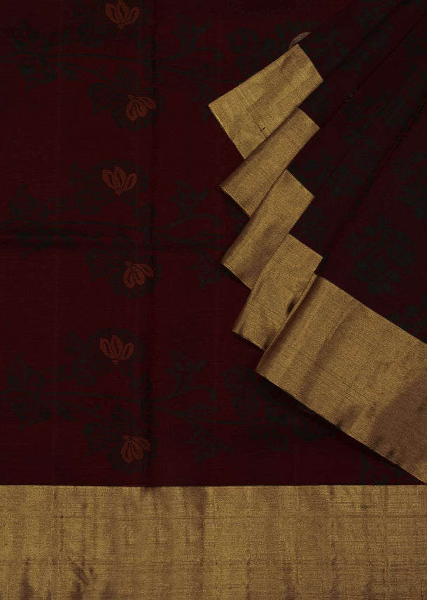 Maroon saree in rose motif weaved  all over only on Kalki