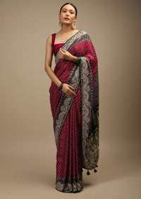 Maroon Saree In Satin With Bandhani All Over And Block Printed Brocade Pallu With Gotta Patti Embroidered Ethnic Motifs Online - Kalki Fashion