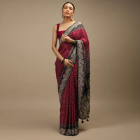 Maroon Saree In Satin With Bandhani All Over And Block Printed Brocade Pallu With Gotta Patti Embroidered Ethnic Motifs Online - Kalki Fashion