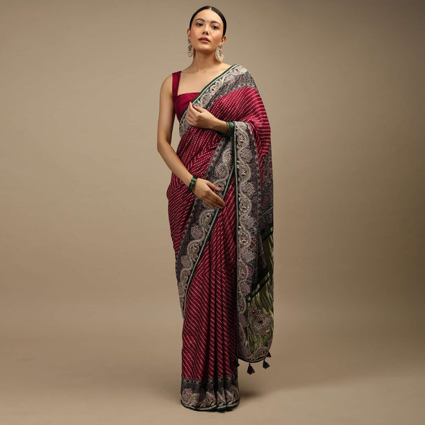 Maroon Saree In Satin With Bandhani All Over And Block Printed Brocade Pallu With Gotta Patti Embroidered Ethnic Motifs Online - Kalki Fashion