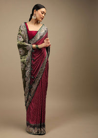 Maroon Saree In Satin With Bandhani All Over And Block Printed Brocade Pallu With Gotta Patti Embroidered Ethnic Motifs Online - Kalki Fashion