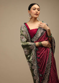 Maroon Saree In Satin With Bandhani All Over And Block Printed Brocade Pallu With Gotta Patti Embroidered Ethnic Motifs Online - Kalki Fashion