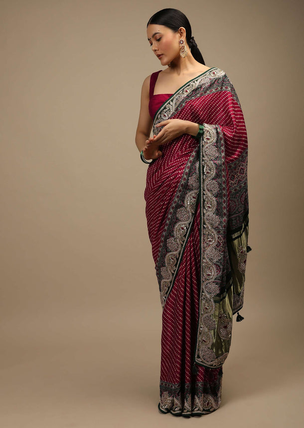 Maroon Saree In Satin With Bandhani All Over And Block Printed Brocade Pallu With Gotta Patti Embroidered Ethnic Motifs Online - Kalki Fashion