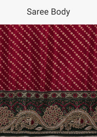 Maroon Saree In Satin With Bandhani All Over And Block Printed Brocade Pallu With Gotta Patti Embroidered Ethnic Motifs Online - Kalki Fashion