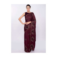 Maroon satin chiffon saree in floral resham embroidered along with cut dana and moti only on Kalki