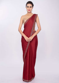 Maroon satin crepe saree with cut dana embroidered border only on Kalki