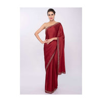 Maroon satin crepe saree with cut dana embroidered border only on Kalki