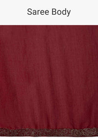 Maroon satin crepe saree with cut dana embroidered border only on Kalki