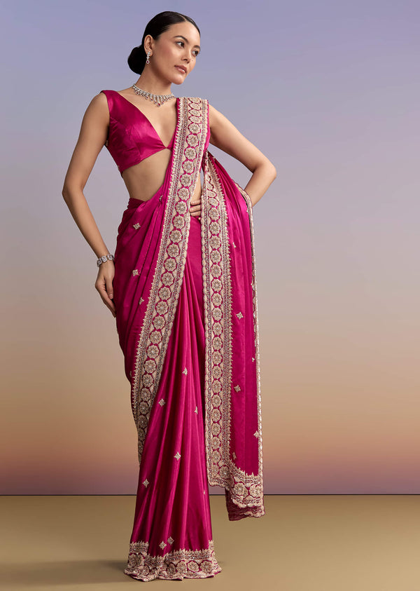 Magenta Pink Satin Saree With Floral Embroidered Border