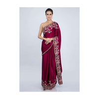 Maroon satin saree with multi color floral embroidered border only on kalki
