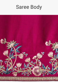 Maroon satin saree with multi color floral embroidered border only on kalki