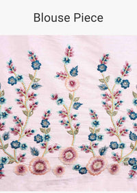 Maroon satin saree with multi color floral embroidered border only on kalki