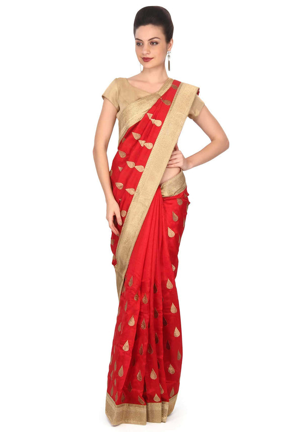 Maroon silk saree with weave embroidery only on Kalki