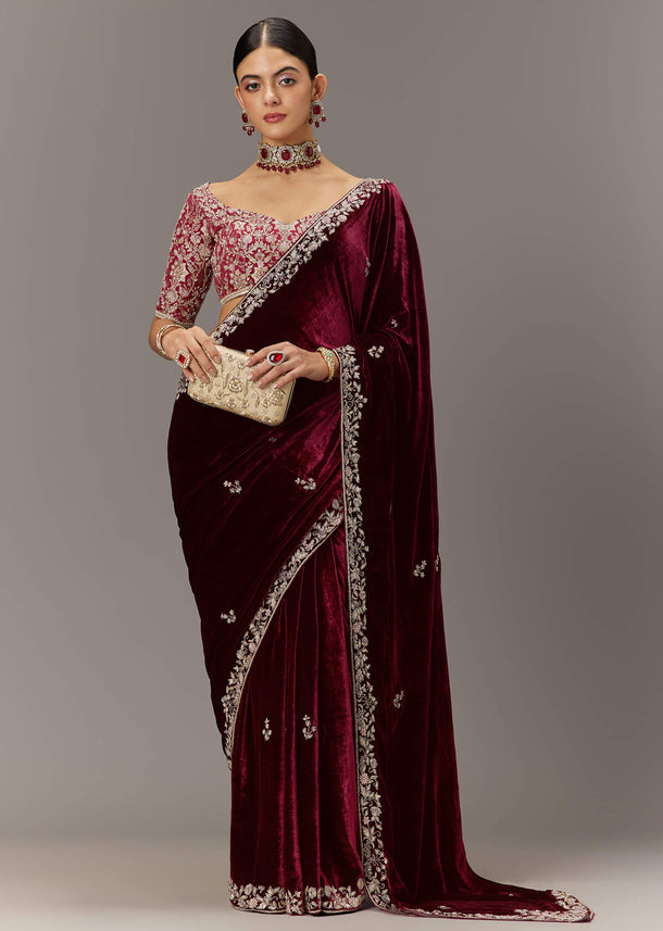 Maroon Saree In Velvet With Brocade Embroidered Blouse
