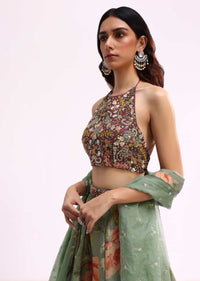 Maroon And Green Embroidered Tissue Lehenga Choli Set