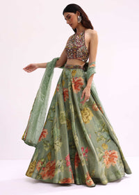 Maroon And Green Embroidered Tissue Lehenga Choli Set