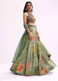 Maroon And Green Embroidered Tissue Lehenga Choli Set