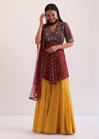 Maroon And Mustard Embroidered Palazzo Set