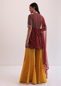 Maroon And Mustard Embroidered Palazzo Set