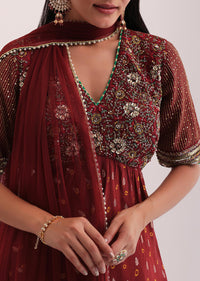 Maroon And Mustard Embroidered Palazzo Set