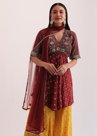 Maroon And Mustard Embroidered Palazzo Set