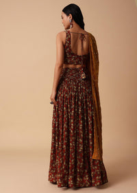 Maroon And Red Printed Lehenga With Embroidered Choli And Dupatta