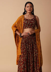 Maroon And Red Printed Lehenga With Embroidered Choli And Dupatta