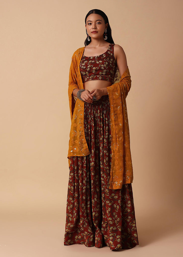 Maroon And Red Printed Lehenga With Embroidered Choli And Dupatta
