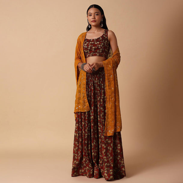 Maroon And Red Printed Lehenga With Embroidered Choli And Dupatta