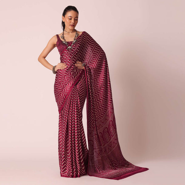 Maroon Bandhani Saree In Satin With Unstitched Blouse Piece