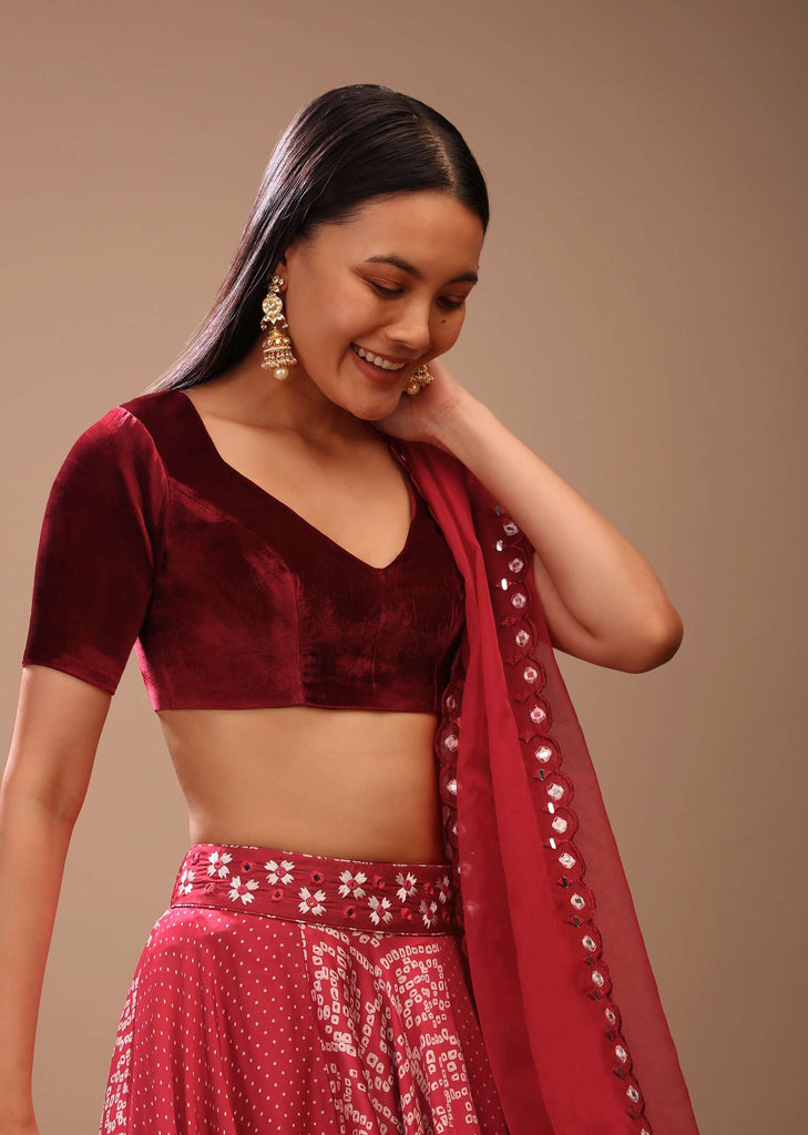 Maroon Blouse In Velvet With Leaf Cut Neckline And Half Sleeves