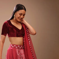 Maroon Blouse In Velvet With Leaf Cut Neckline And Half Sleeves