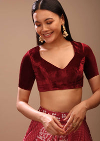 Maroon Blouse In Velvet With Leaf Cut Neckline And Half Sleeves