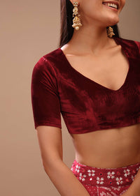 Maroon Blouse In Velvet With Leaf Cut Neckline And Half Sleeves