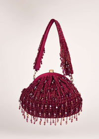 Maroon Clutch Heavily Embroidered With Cut Dana Checks And Beads Fringe Detailing Online - Kalki Fashion