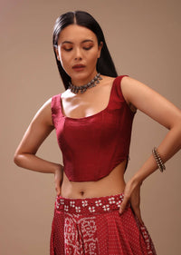 Maroon Corset Blouse In Raw Silk With Scooped Neckline And Tapered High Low Hem