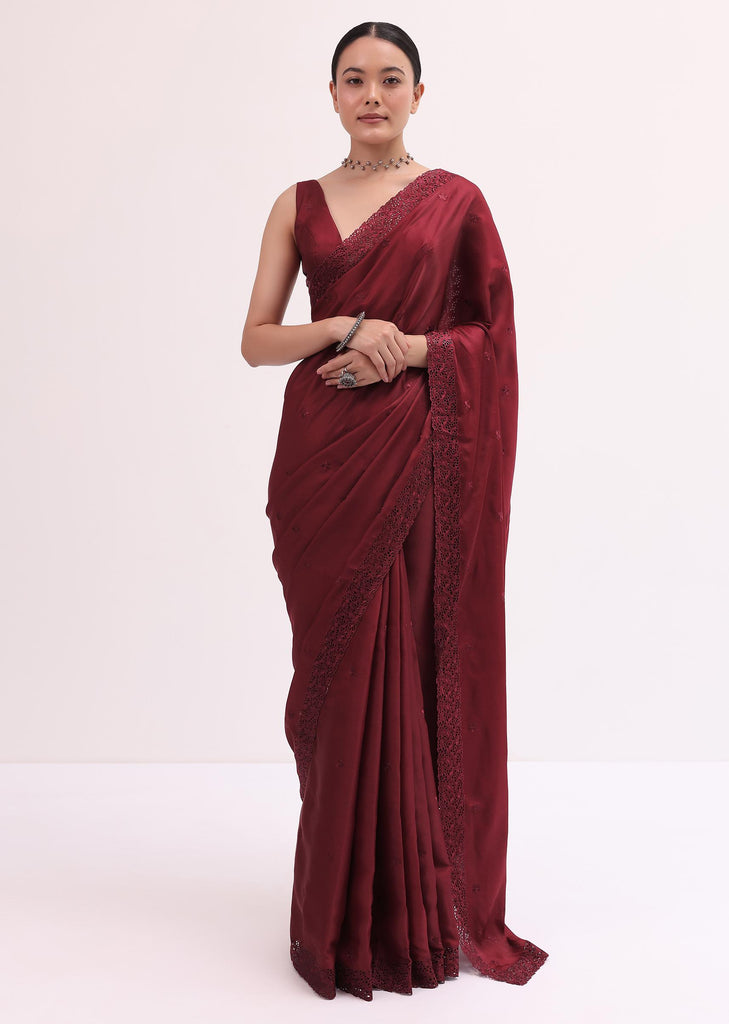 Maroon Cutdana Embroidered Saree With Unstitched Blouse