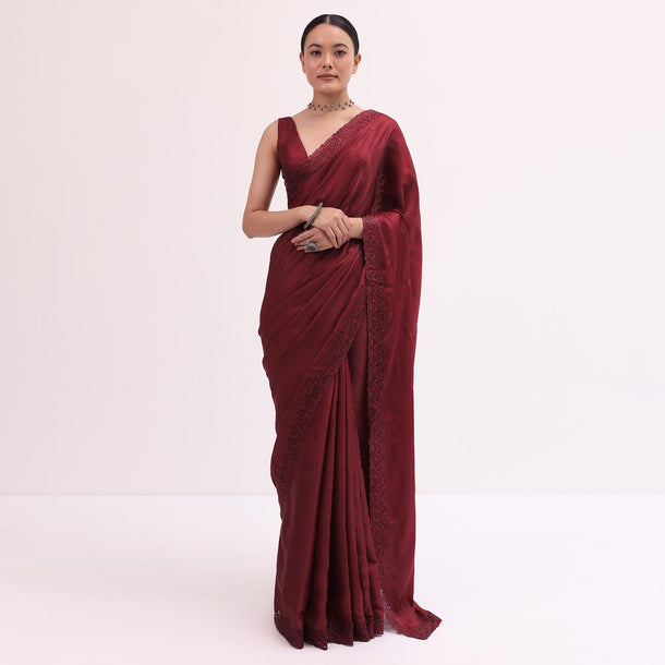 Maroon Cutdana Embroidered Saree With Unstitched Blouse